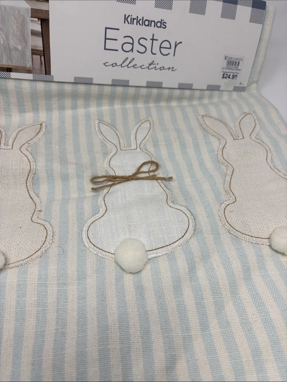 New Kirkland's | Cream & Light Blue Striped Bunny Table Runner 16x80